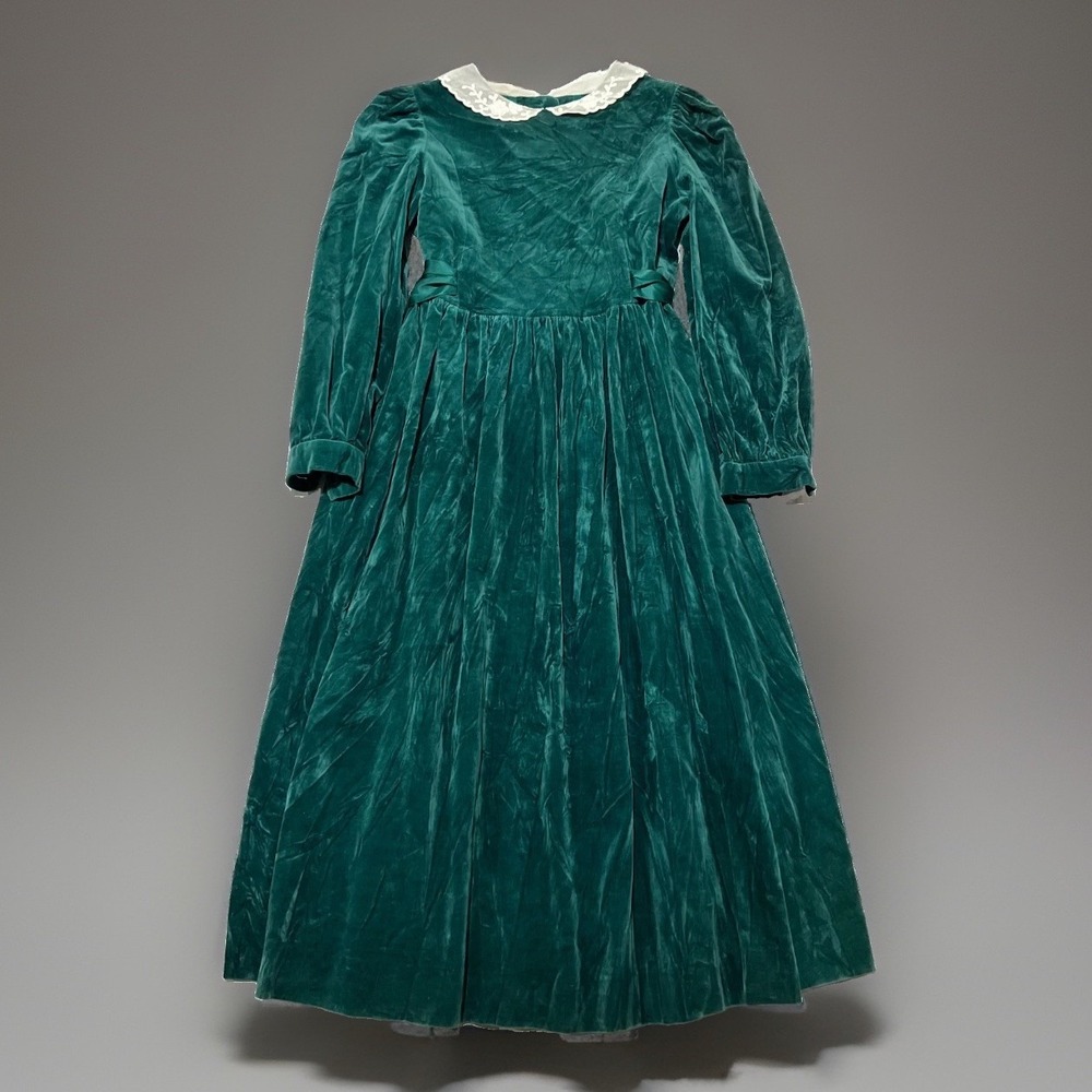 Vintage 90s Laura Ashley Mother & Child Girls Green Velvet Lace Yolk Dress 9-10Y
